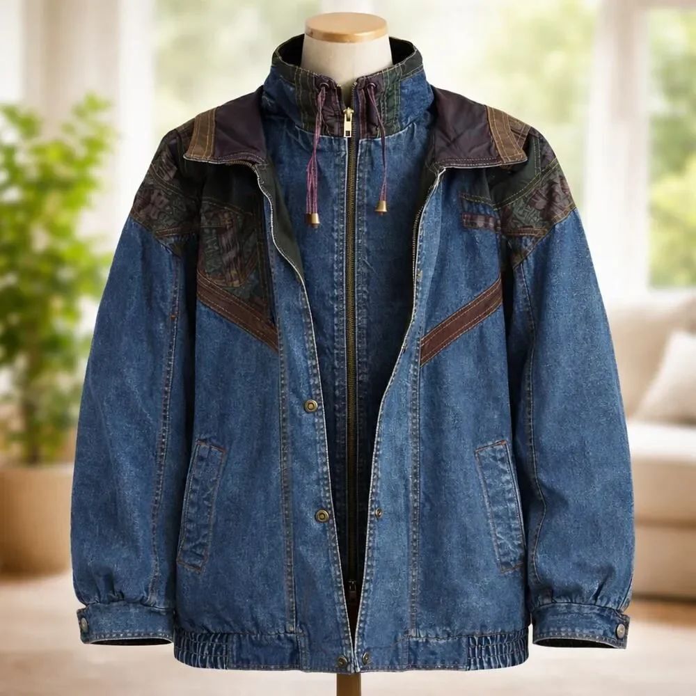 VTG 1990’s Current Seen Denim Aztec Patchwork Trucker Jacket Coat M
